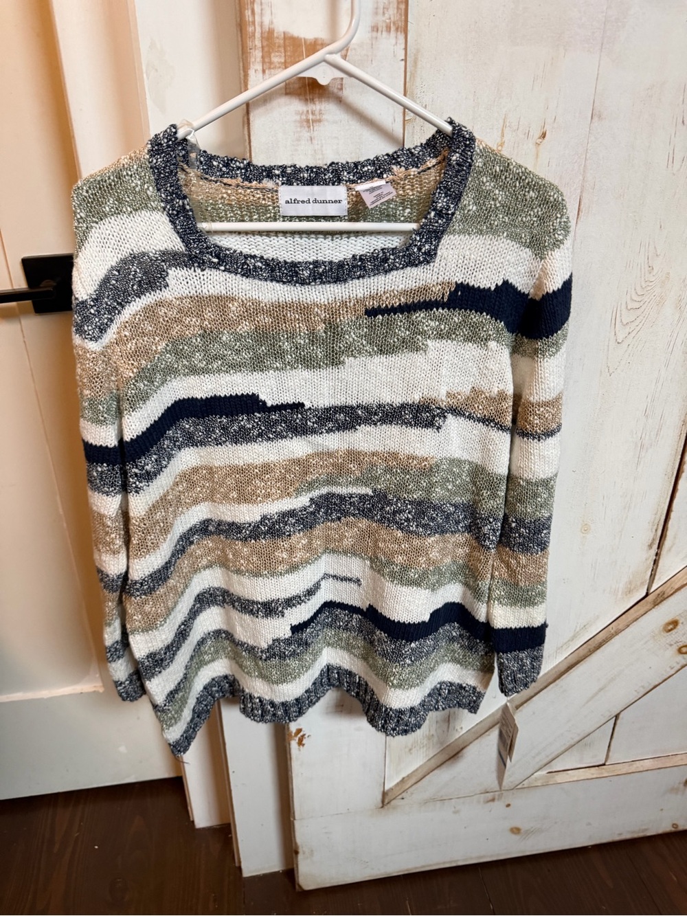 Alfred Dunner Striped Lightweight Crewneck Sweater in Navy, Olive, Tan & Cream